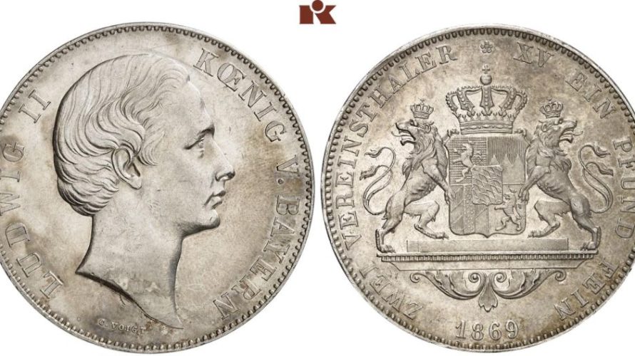 ドイツ バイエルン 1869年 2ターラー銀貨 ルートヴィヒ2世【入札期限：2020年6月19日】