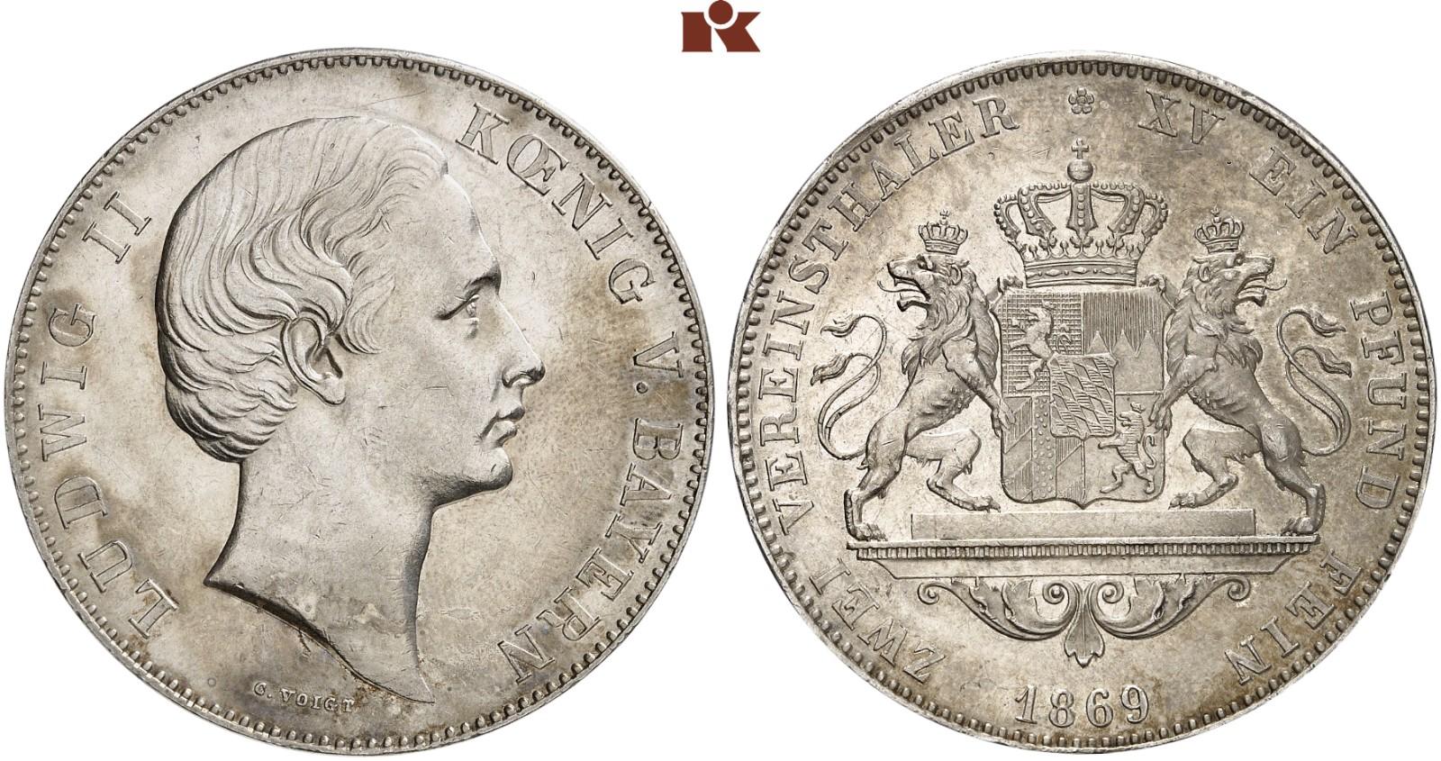 バイエルン 1869年 2ターラー銀貨 ルートヴィヒ2世