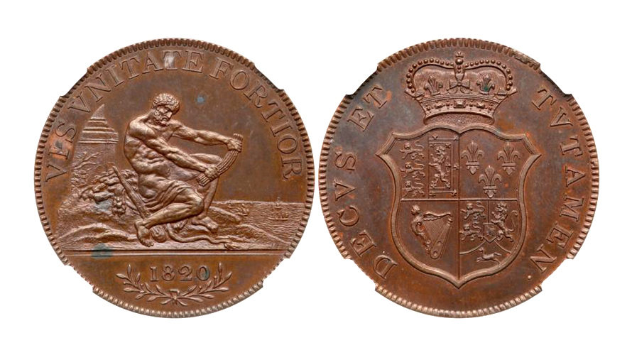 イギリス1820年 パターンクラウン銅貨 ヘラクレス NGC PR62【入札期限：2021年1月12日】
